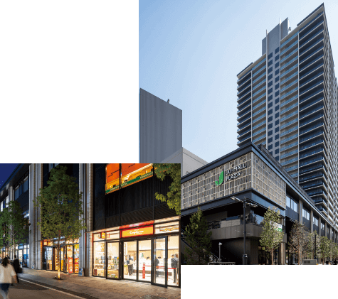 川口栄町3丁目銀座地区第一種市街地再開発事業(樹モールプラザ・プラウドタワー川口クロス)の外観写真。防災性と地域商店街との共存を実現した複合施設。埼玉県川口市、2023年竣工。